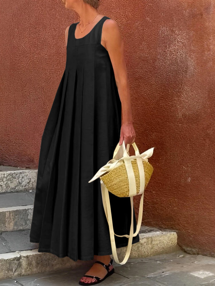 Loose Sleeveless Pleated Color Round-neck Maxi Dresses