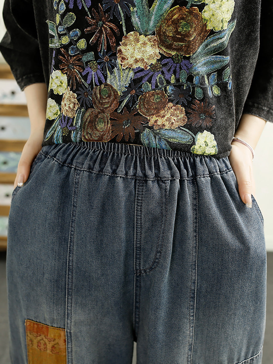 Summer Patch Spliced Denim Harem Pants Hh040