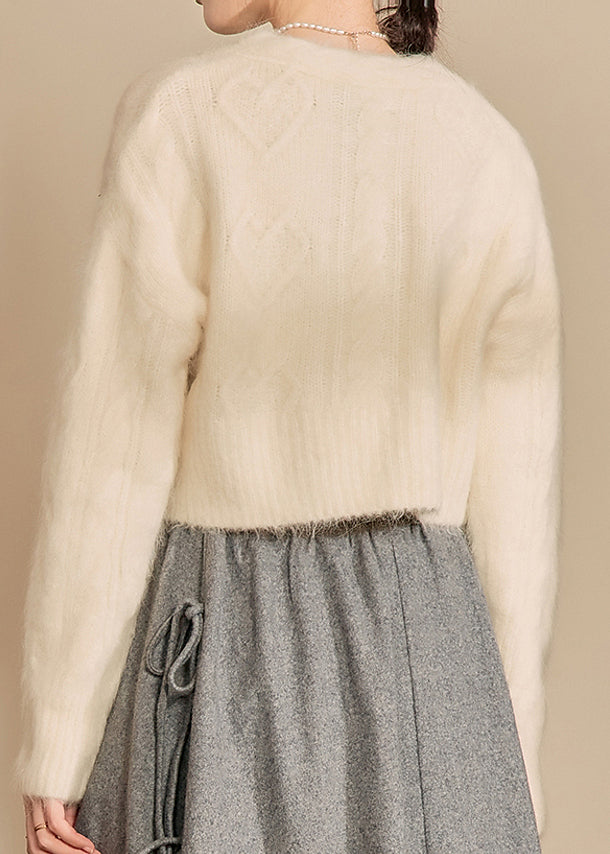 White V Neck Woolen Short Cardigans Fall Wv014