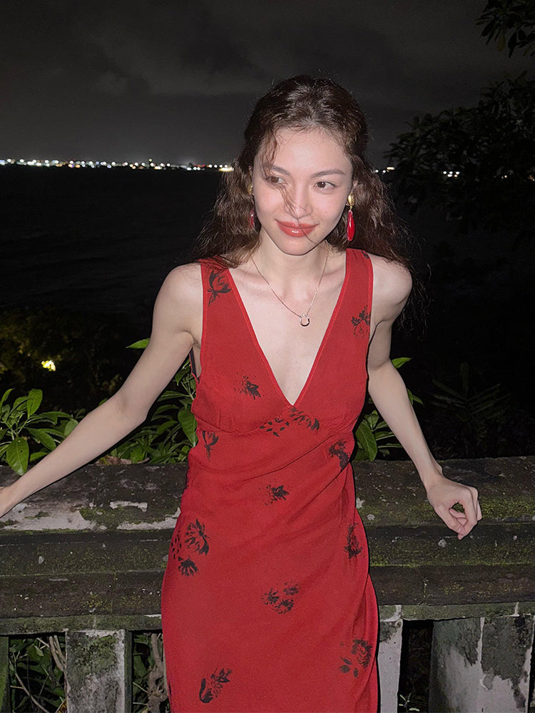 Red V-neck Maxi Dress