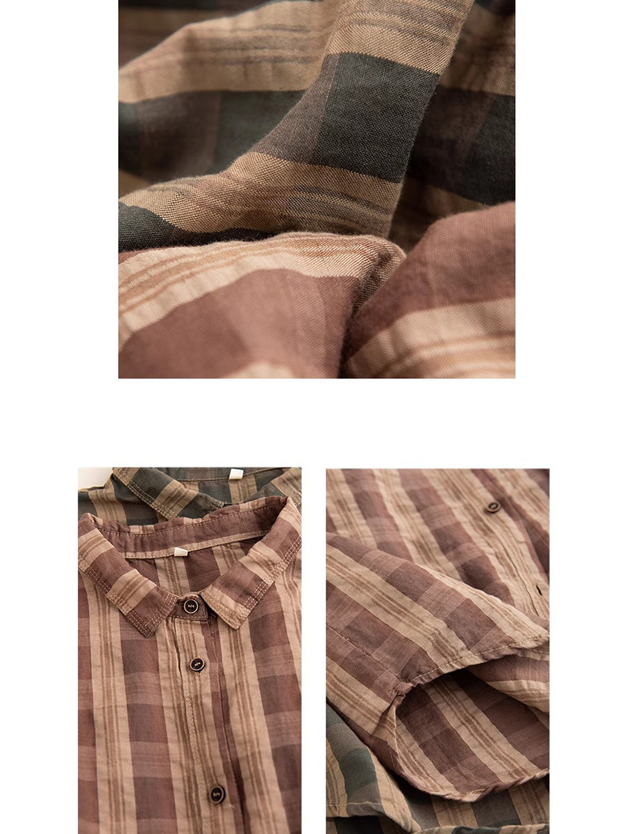 Autumn Plaid Button-up Linen Blouse At1038
