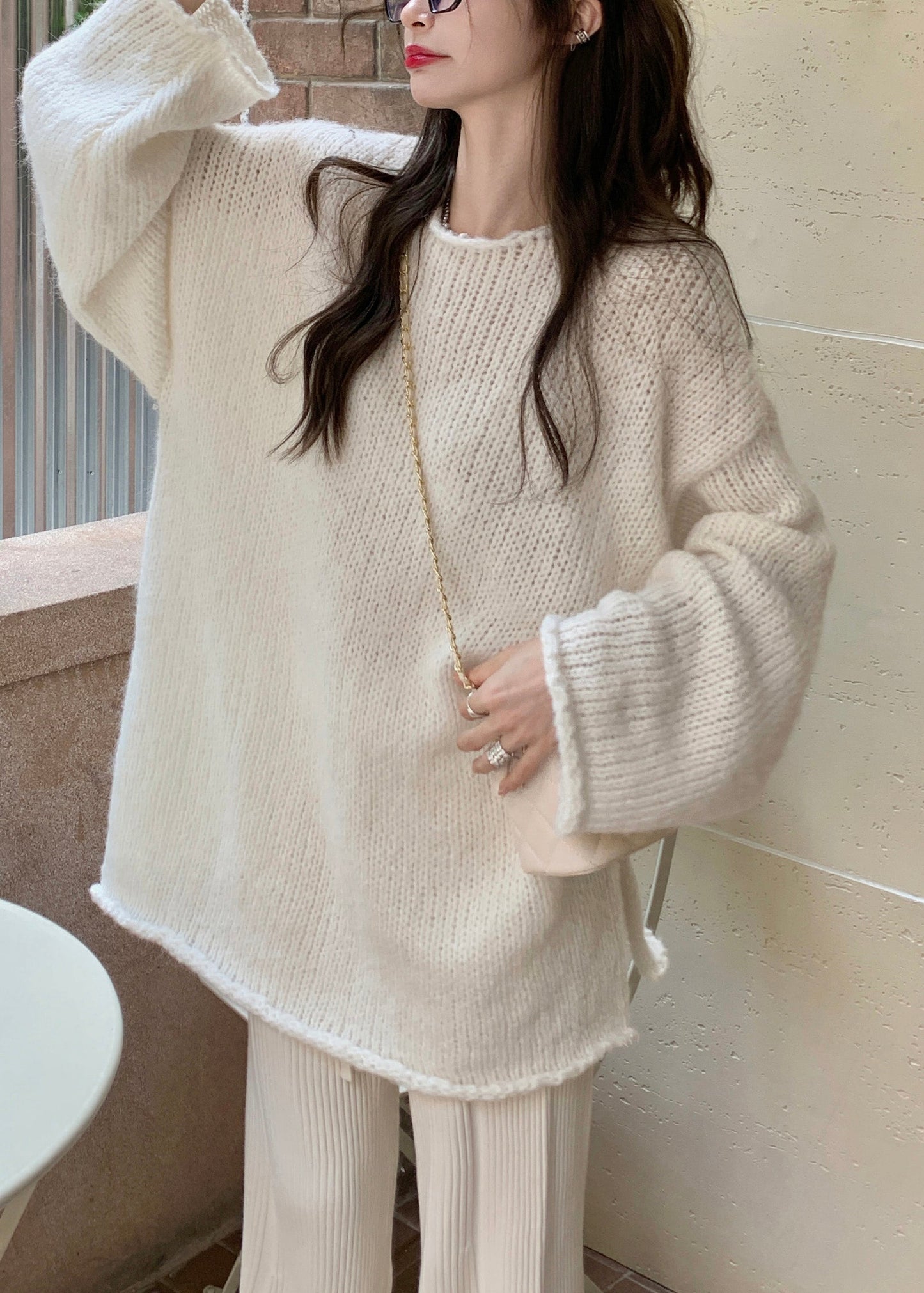 Beige O-neck Thick Cotton Knit Waistcoat Sweaters and Trousers Three Piece Set Winter Wv003