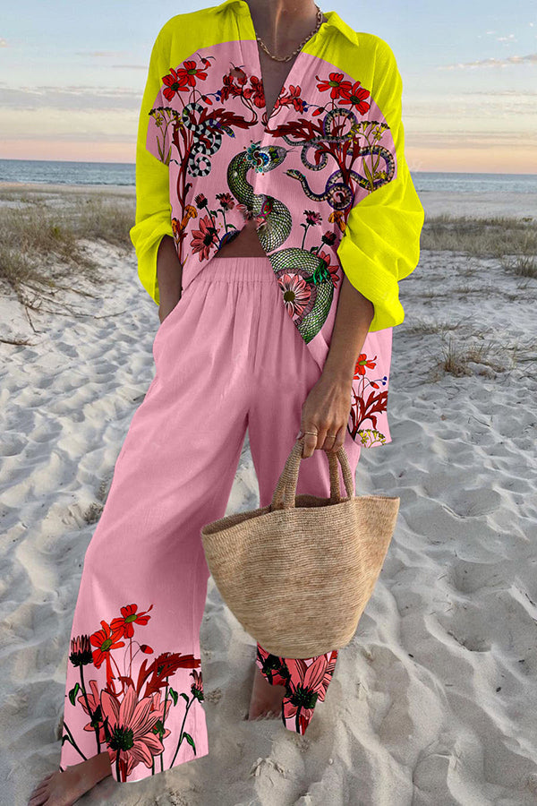 Python Print Oversized Shirt and Elastic Waist Pocket Pants Set