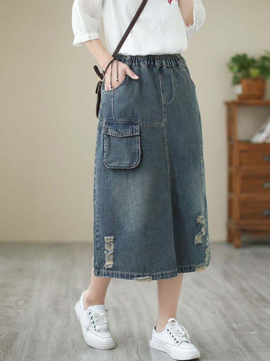Summer Flower Embroidery Frayed Denim Skirt As1041