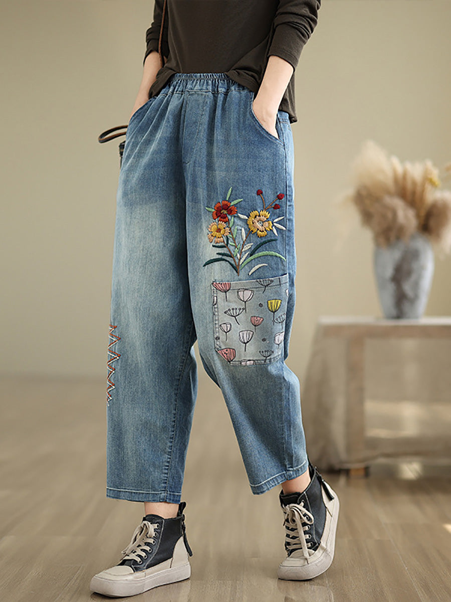 Autumn Artsy Flower Embroidery Denim Harem Pants Ai1074