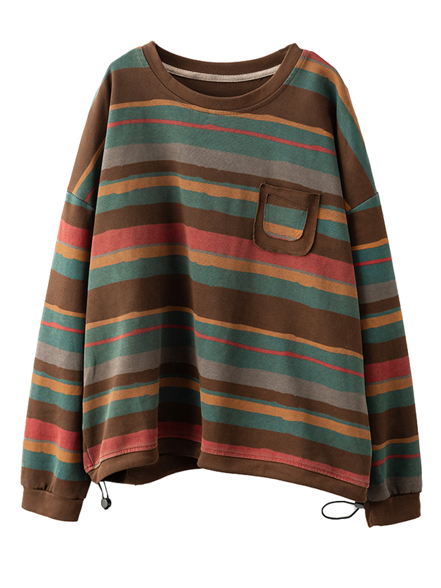 Autumn Colorblock Stripe O-neck Cotton Sweatshirt Ai1027