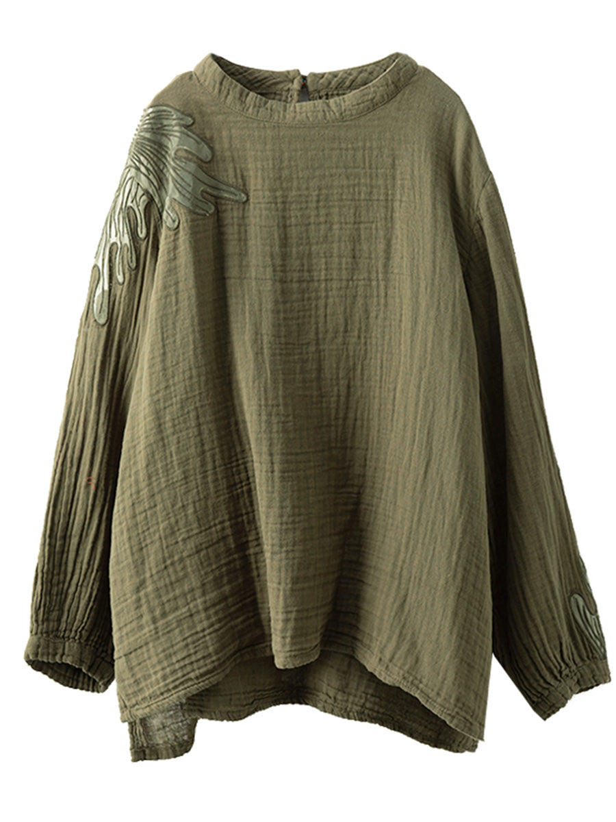 Autumn Artsy Embroidery Stand Collar Cotton Blouse Ai1076