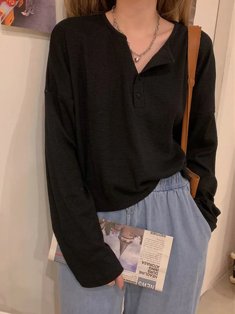 Long Sleeve T-shirts Simple Pure Button Design Retro Ins Autumn Tees Top All-match Bf Style Mujer Clothes