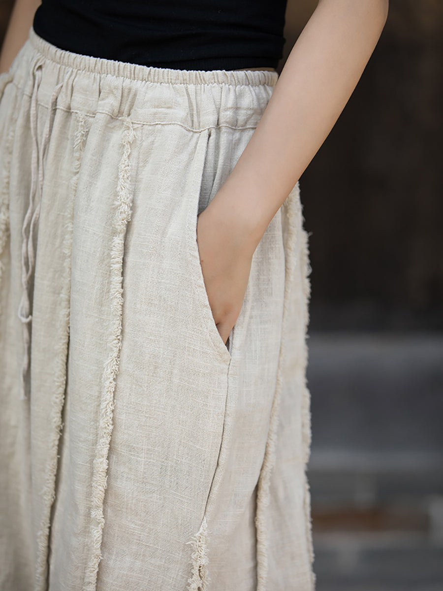 Raw-edge Wide-leg Ramie Pants Fd053
