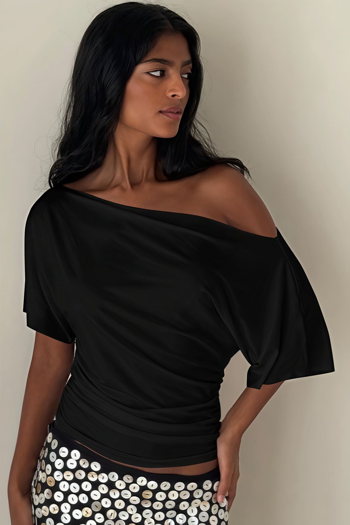 Off Shoulder Shirred Waist T-shirt