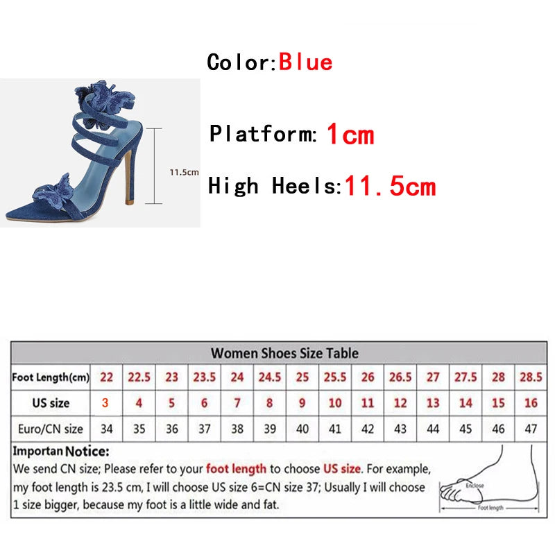 Liyke Blue Butterfly Ankle Strap Sandals: Embroidery, Pointed Toe, Gladiator Heels for ’s Summer Party Dress Shoes