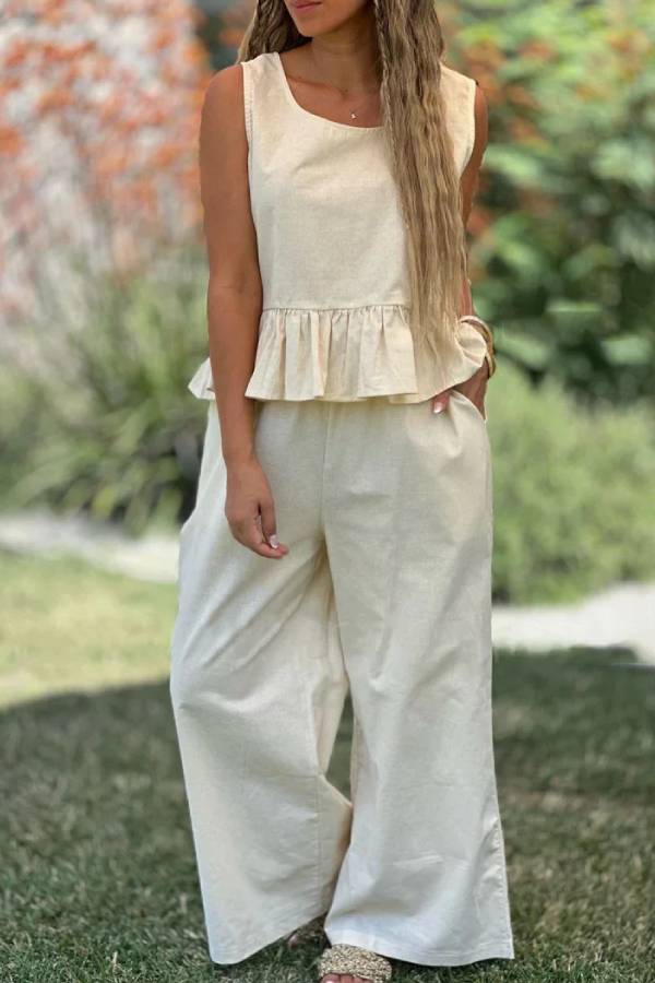 Cotton and Linen Color Sleeveless Top \u0026 Wide Leg Pants Two-piece Set