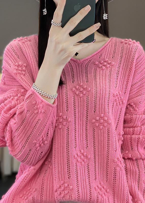 Rose V Neck Hollow Out Cotton Knit Sweaters Fall Qp016