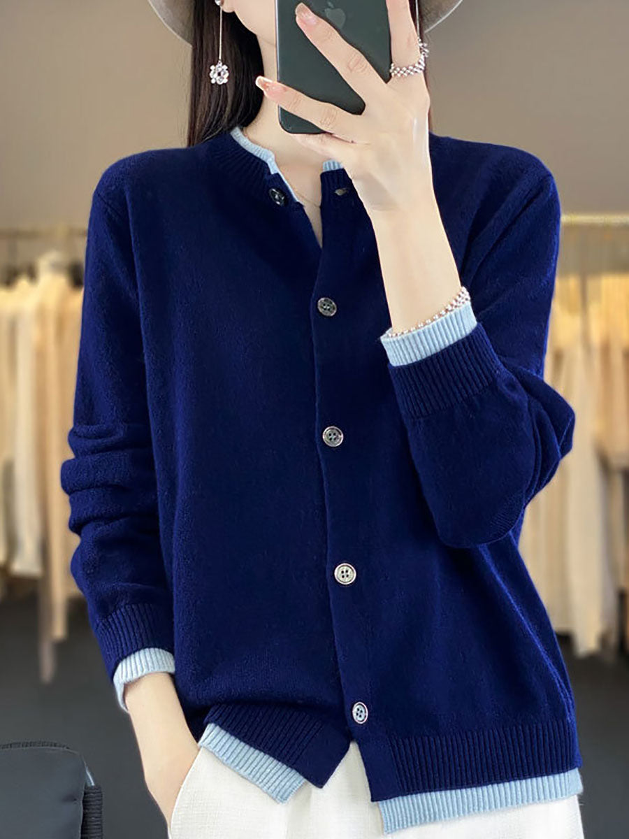 Autumn Colorblock Knit 100%wool O-neck Sweater Qm006