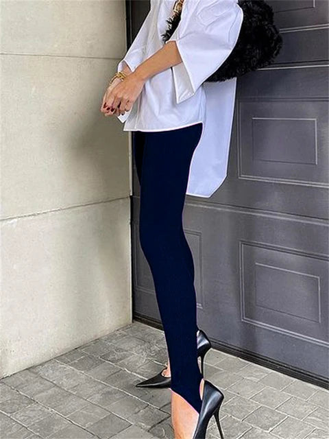 Beige Ribbed Knit Leggings High Waist Cotton Fitness Basic Pants Spring New All-match Female Skinny Leggings