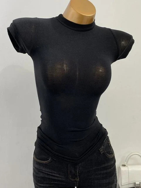 Half-high Collar T-shirt Korean Transparent Short-sleeved Slim-fit Elastic Inner Bottoming Shirt Big Chest T-shirt