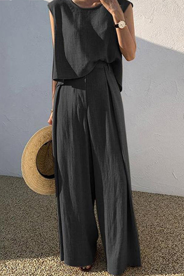 Linen Blend Round Neck Sleeveless Top and Loose Wide-leg Pants Set
