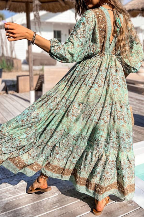 Green Print Backless Drawstring High Waist Maxi Dress