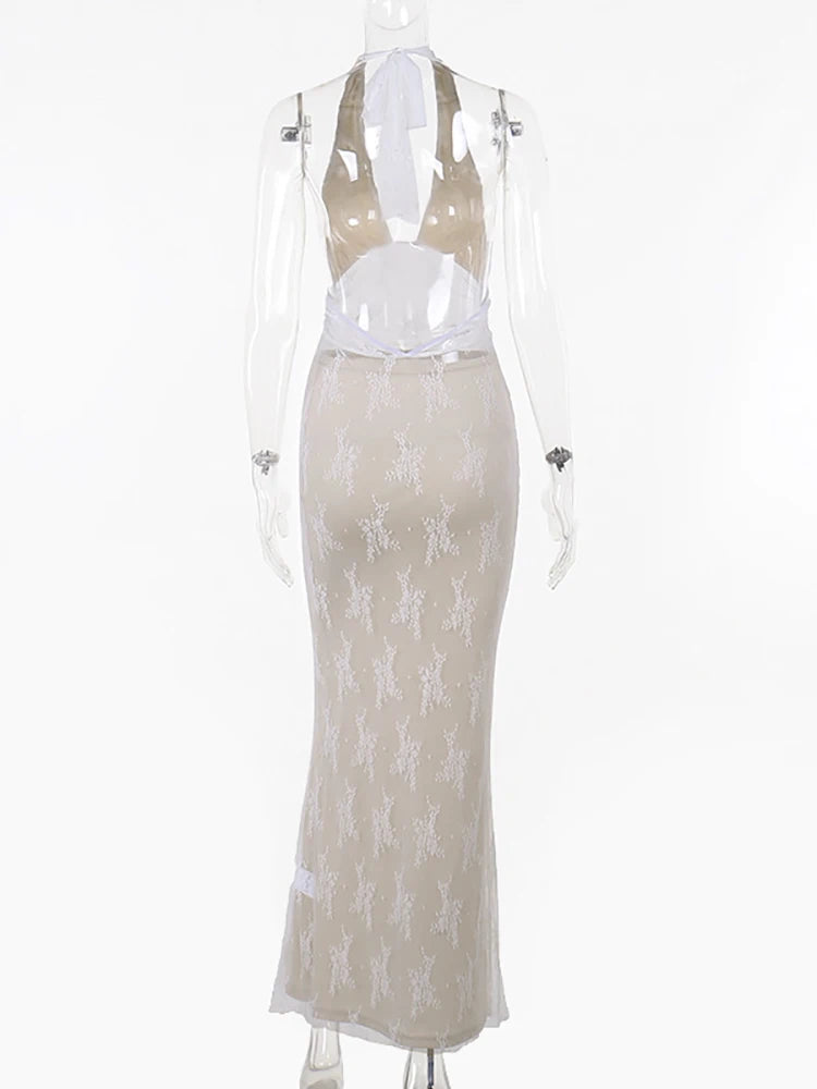 Fantoye See Through Lace Maxi Dress White Spaghetti Strap High Waist Dress Female Skinny Party Clubwear