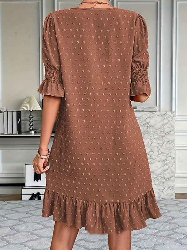 A-line Flared Sleeves Elasticity Jacquard Pleated Color Split-joint V-neck Mini Dresses
