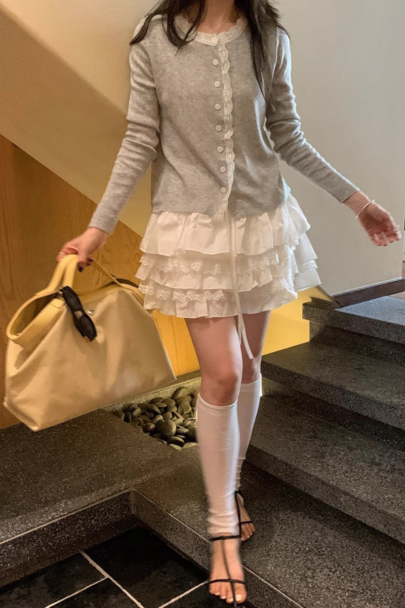 High Waist Tiered Ruffle a Line White Mini Skirt