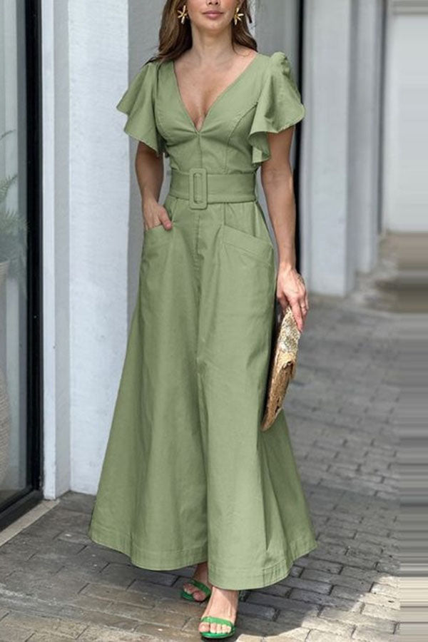 Ruffle Sleeve V Neck High Waist Pocket Maxi Dress