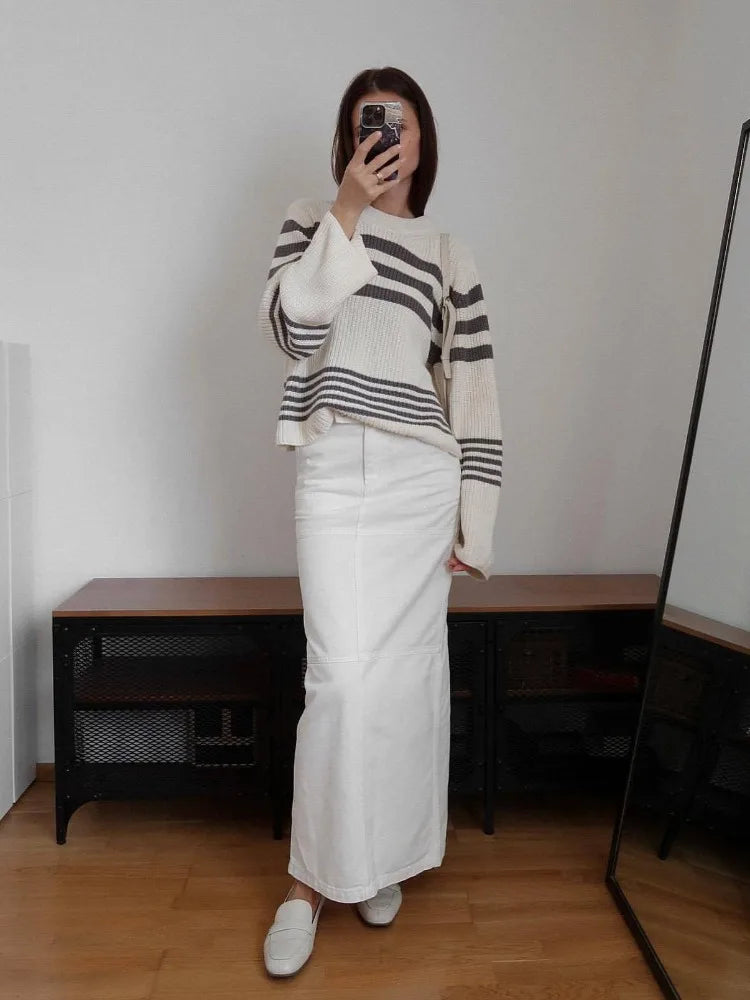 Striped Knitwear Top Female Loose Autumn High Waist Contrast Knit Sweater Slim Patchwork Pullover