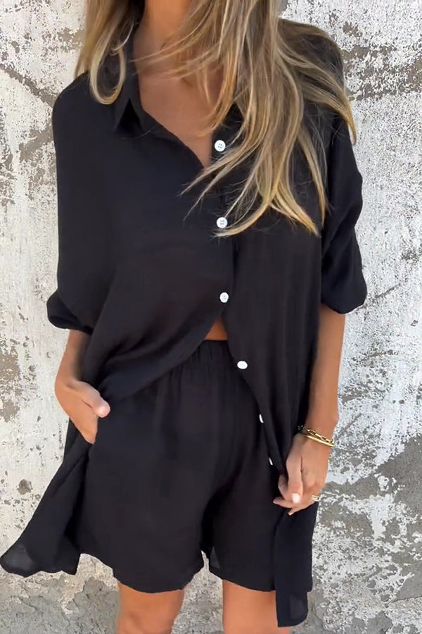 Color Lapel Long Shirt and Elastic Waist Loose Pocket Shorts Set