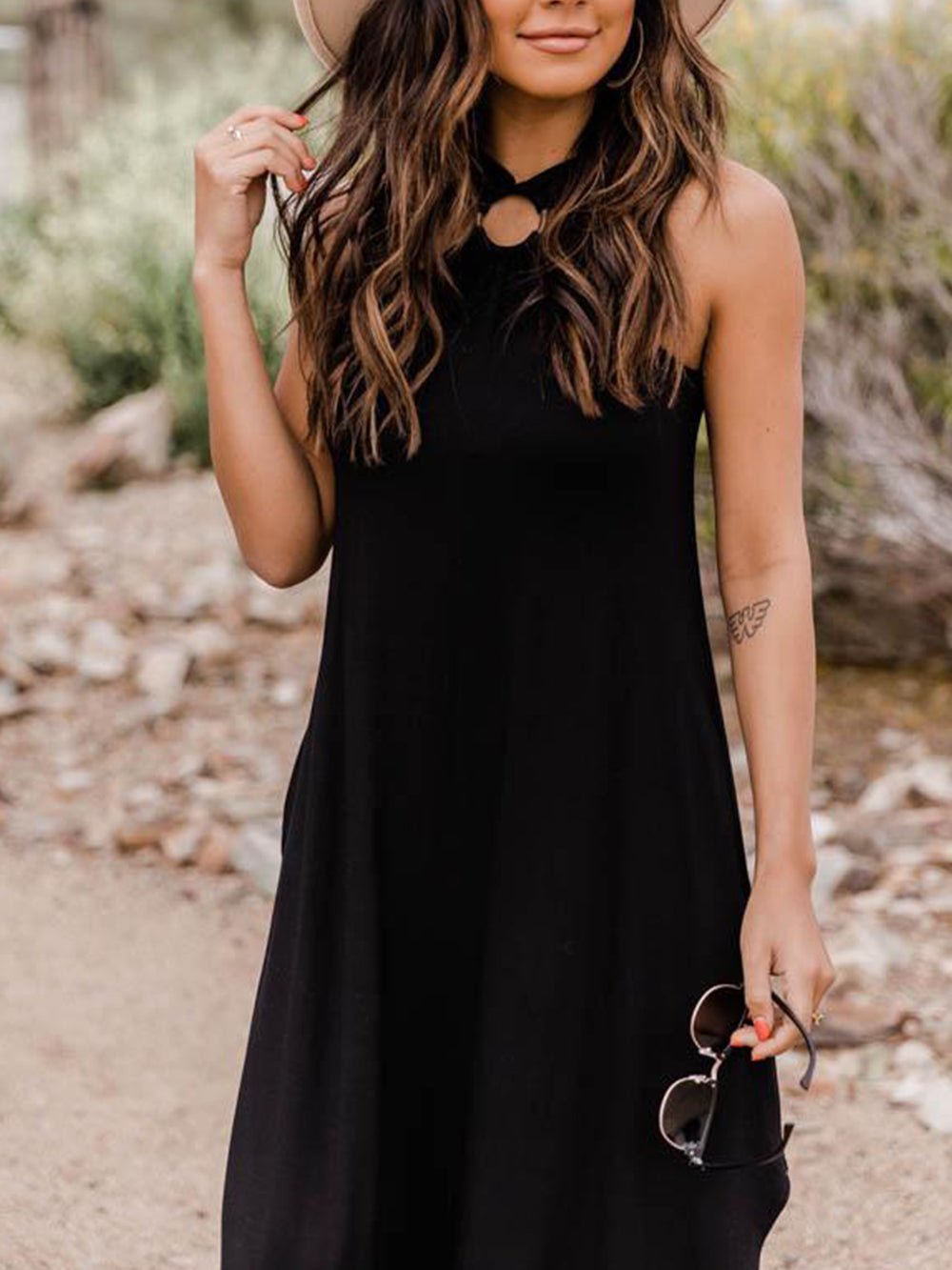 Halter Light Blue Midi Dress With Pocket
