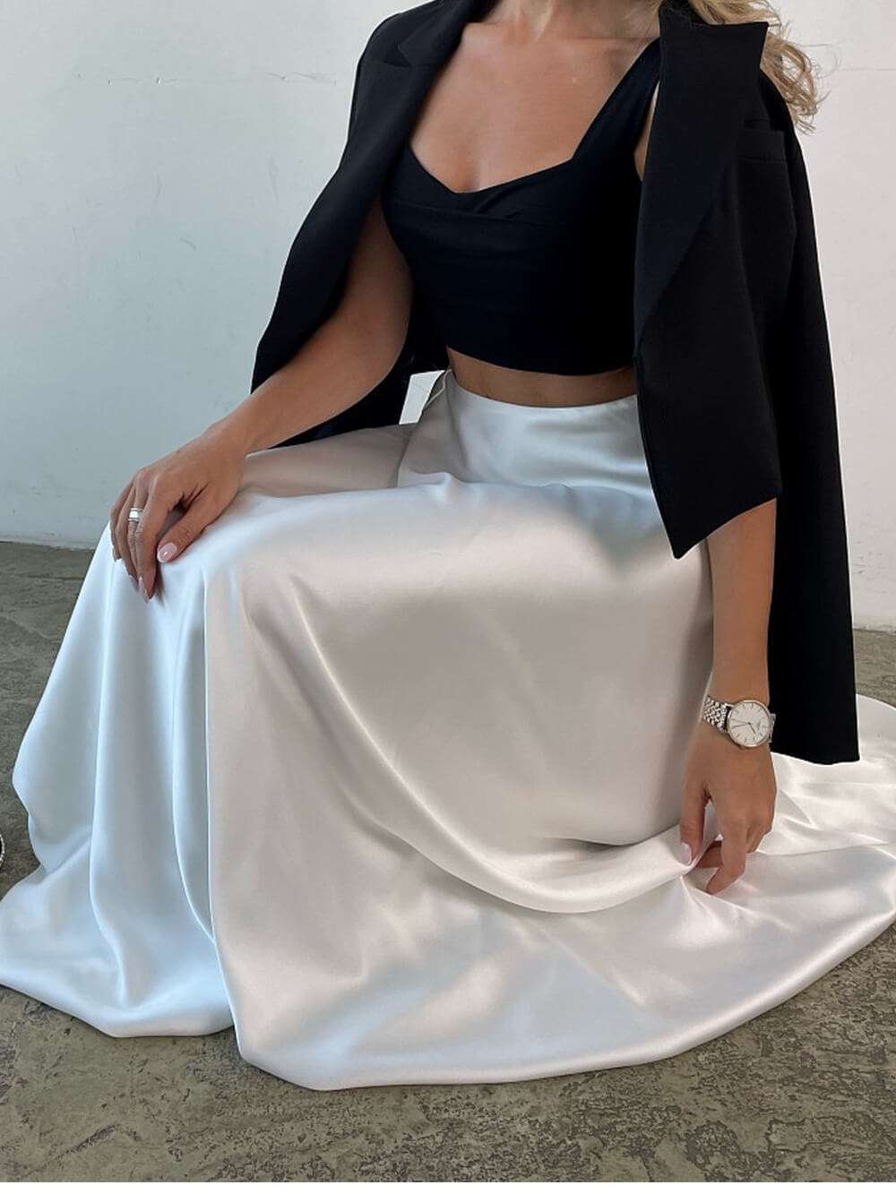 Acetate Satin Silky Draped High-waisted Skirt