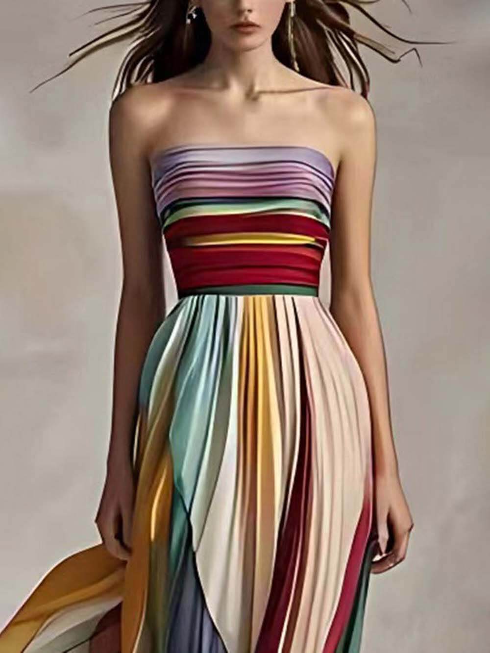 Striped Printed Off-shoulder Pleated Bandeau Maxi Dress