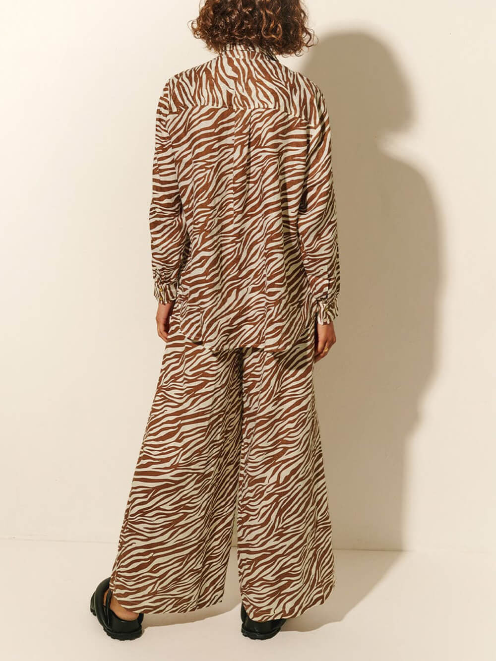 Button Open Collar Loose Zebra Print Shirt Pants Set