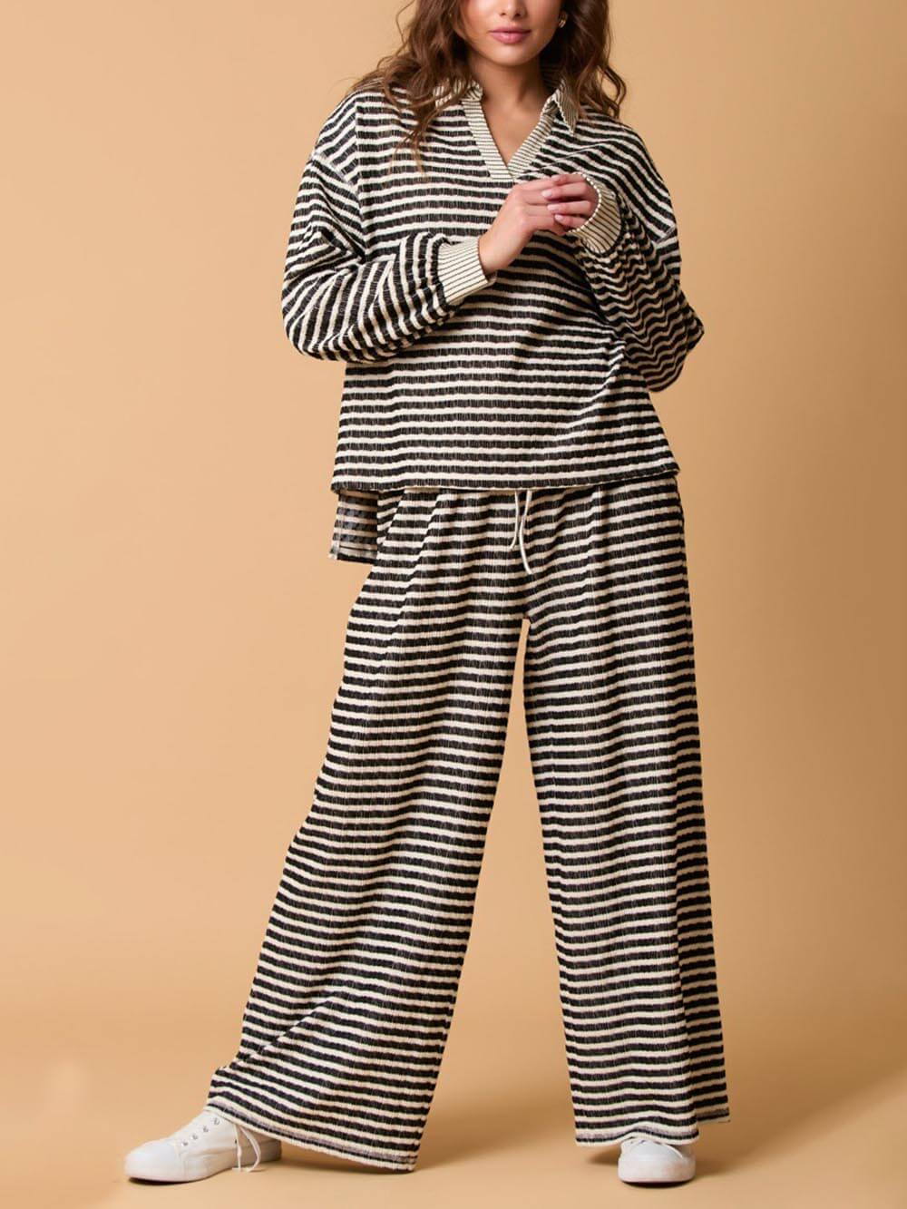 Two-color Striped Long-sleeved Trousers Two-piece Set