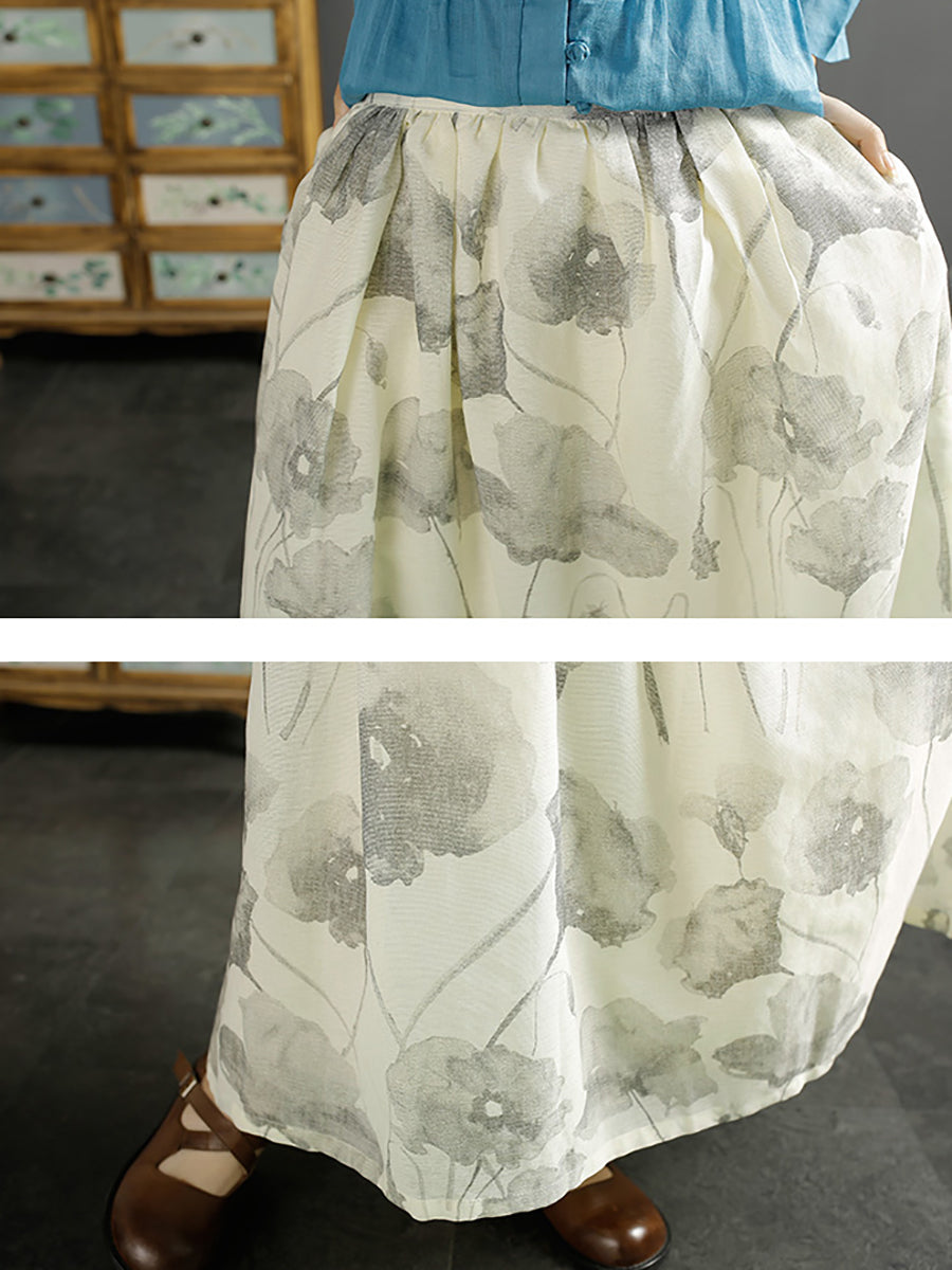 Summer Ink-print Shirred Loose Skirt Kl1027