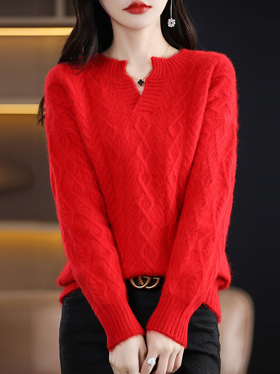 Autumn V-neck Wool Twist Knit Sweater Ax1030