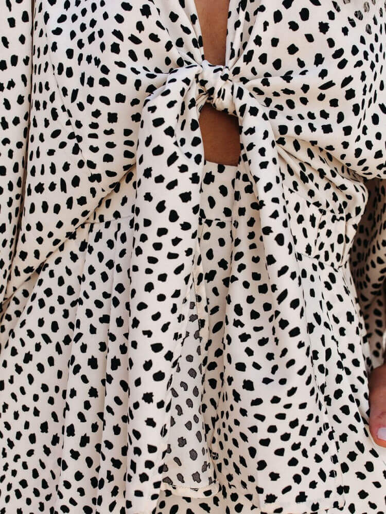 V-neck Polka Dots Printed Pocketed Tie Romper