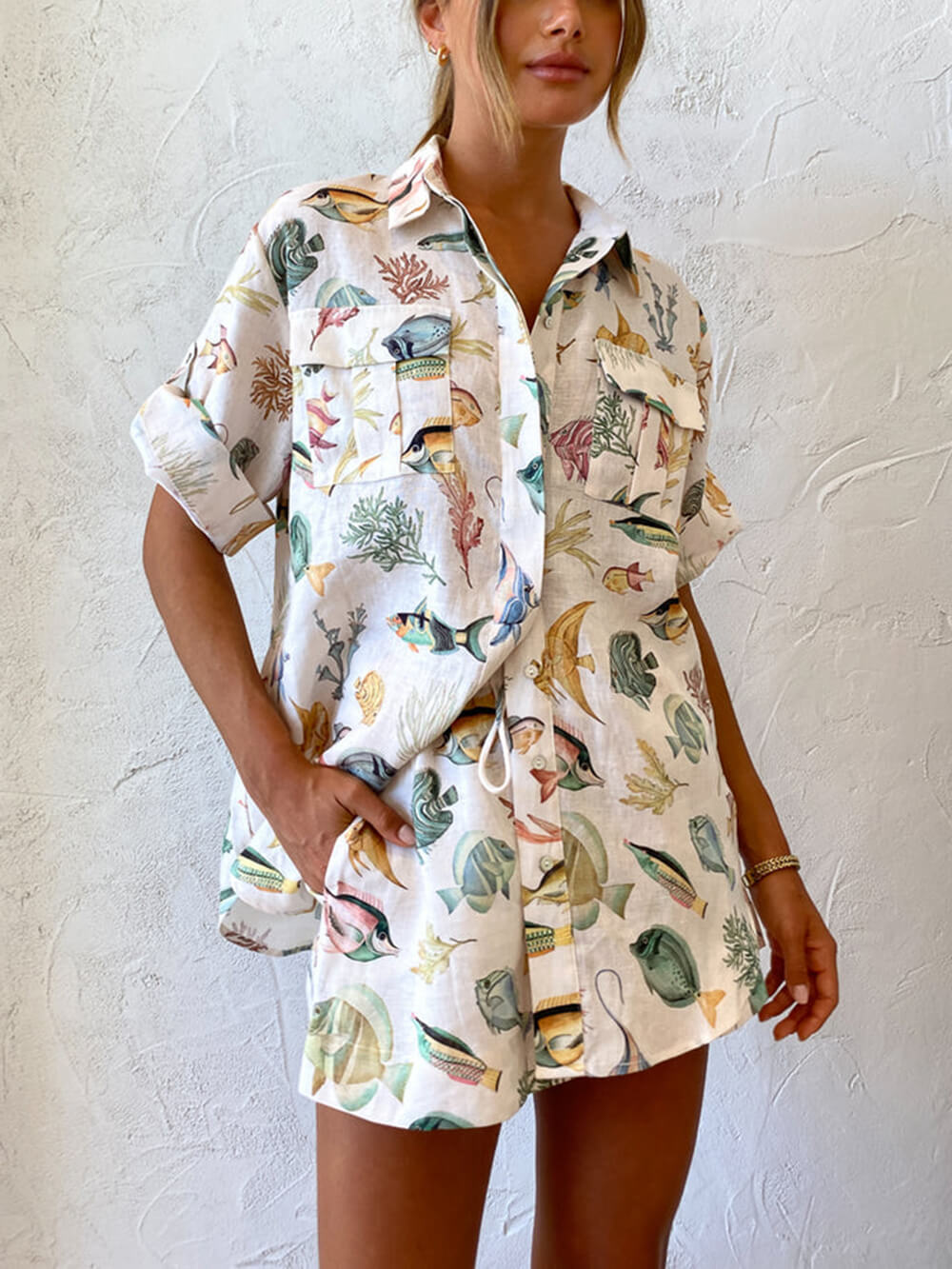 Personalized Fish Print Vacation Short Sleeve Shirt Tie-dye Shorts Set