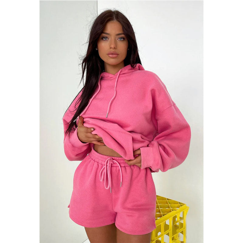 Autumn Winter Color Thickened Fleece Lined Hooded Long Sleeve Sweater Shorts Suit