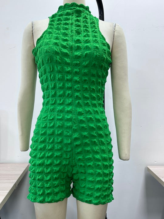 Clothing Color Zipper Collar Seersucker Jumpsuit