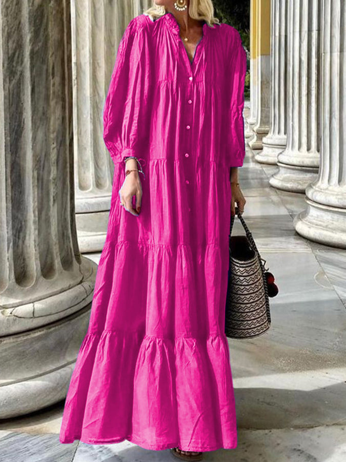 V Neck Long Sleeves Buttoned Maxi Dress