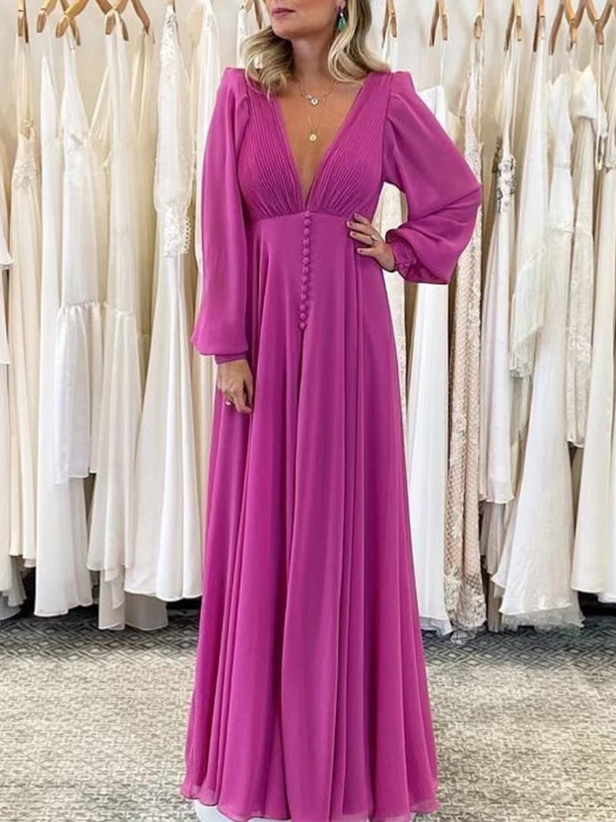 Long Sleeves Balloon Sleeves V Neck Maxi Dress