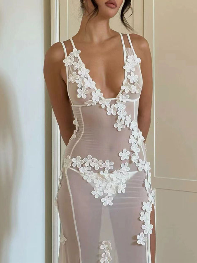V Neck See-through 3d Flower Slit Maxi Dress