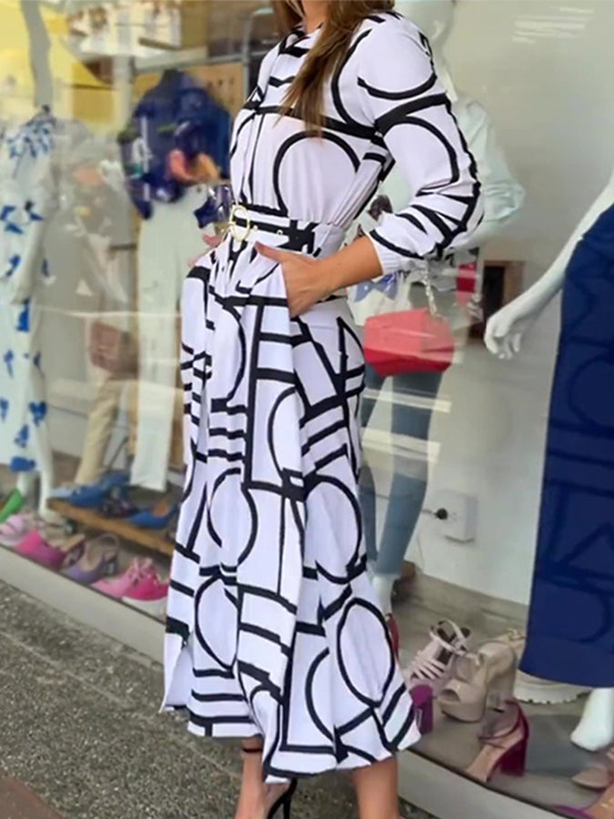 Long Sleeves Geometric Printed Maxi Dress