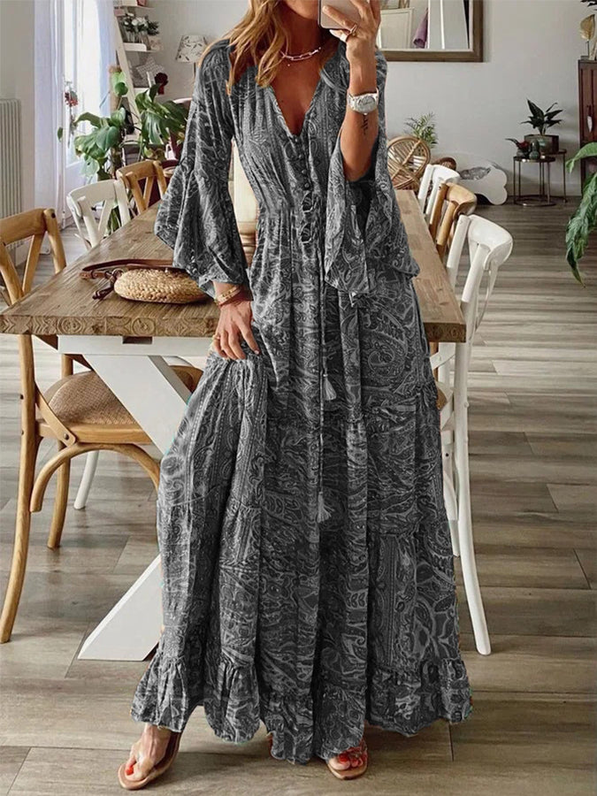 Printed V Neck Long Sleeves Maxi Dress