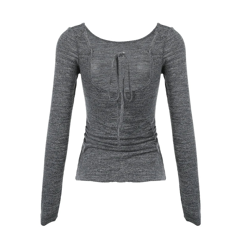 Causal Backless O-neck Blouses Long Sleeve Simple Slim All-match S Clothes