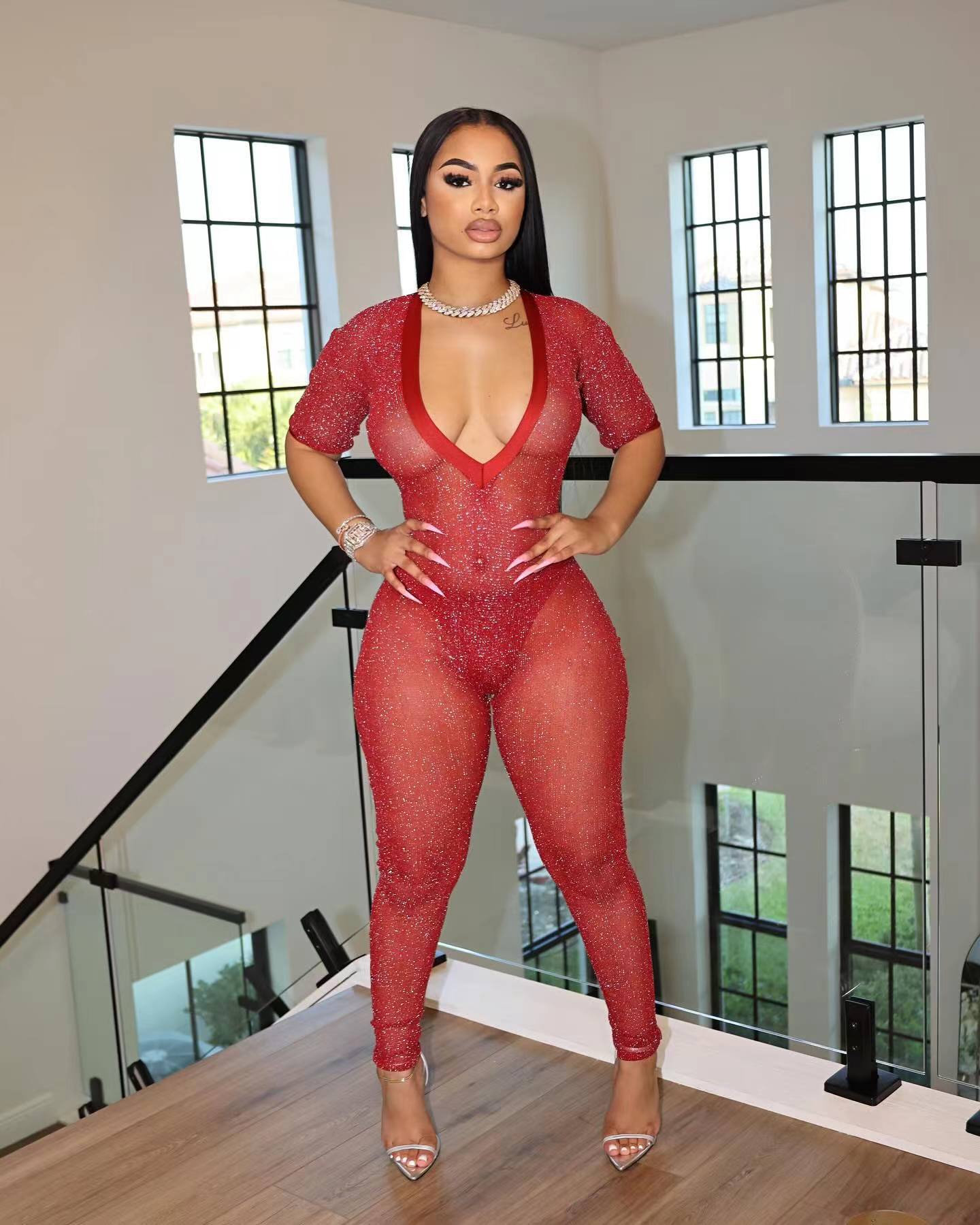 Clothing Semi Transparent Large V Neck Jumpsuit