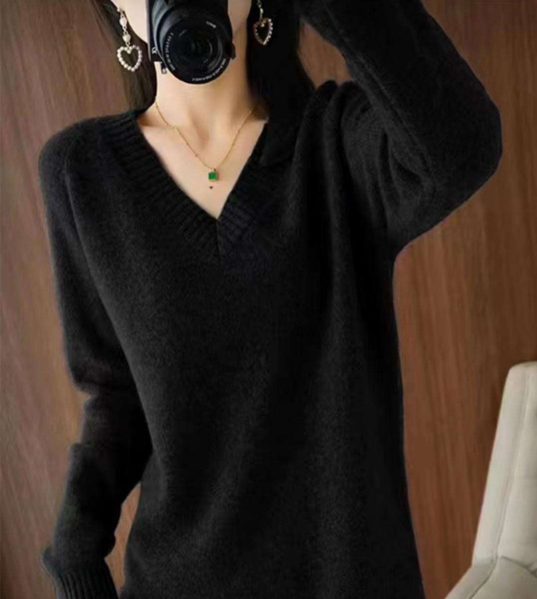 Autumn Winter Korean V Neck Sweater Mid Length Loose Sweater Pullover Thick Dress