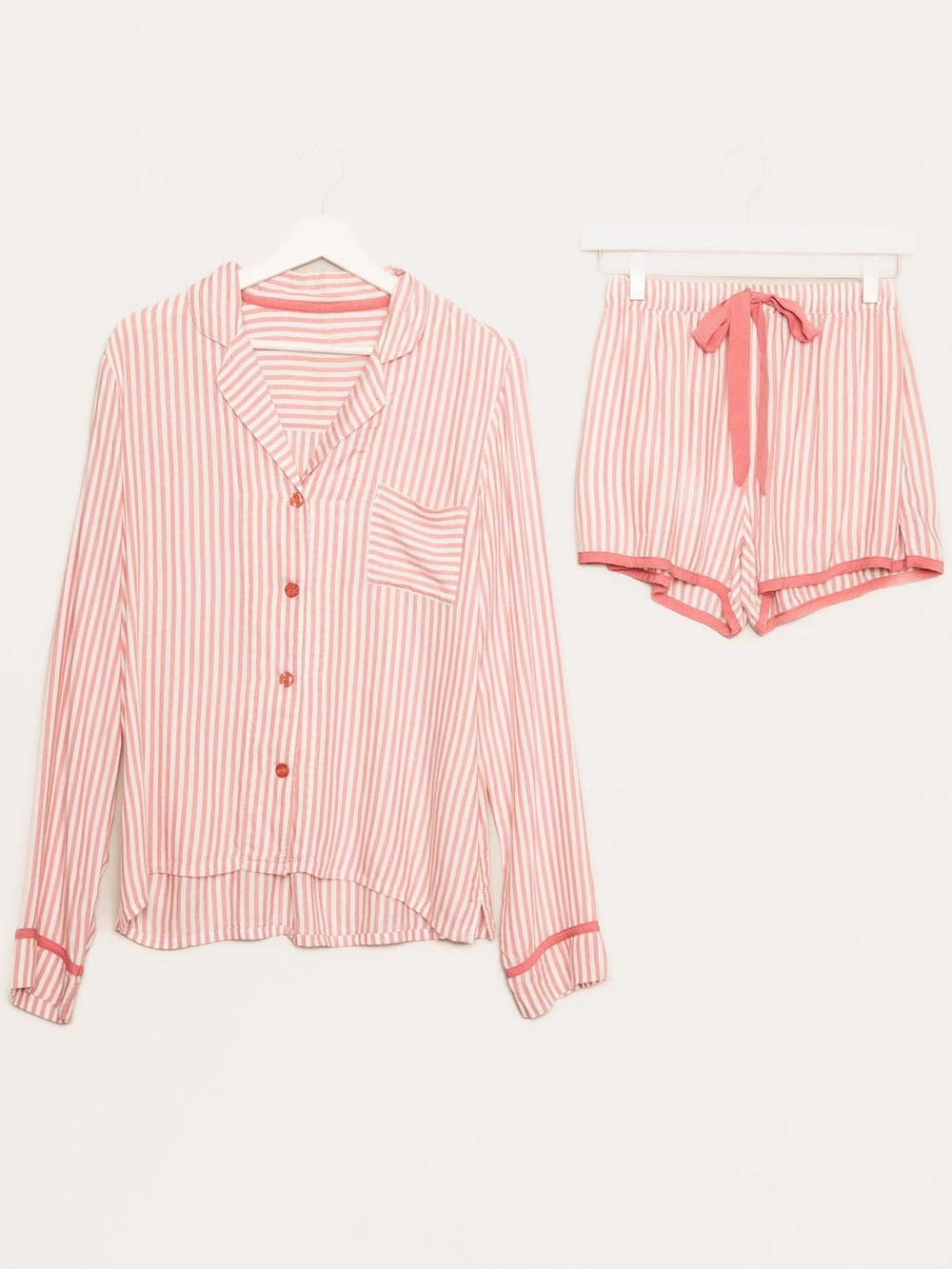Loose Striped Patchwork Long-sleeved Shorts Pajama Set