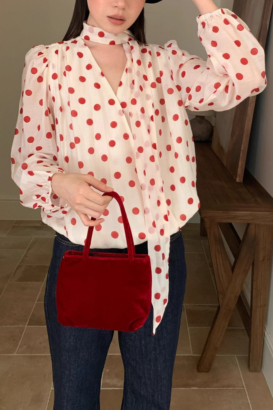 Polka Dot Tie-waist Long-sleeve Sweet Blouse