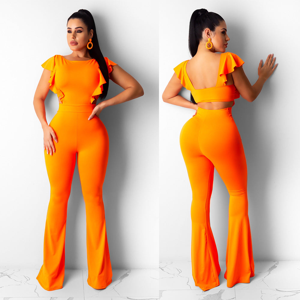 Clothing Clothing Flying Sleeves Color Wide Leg Flared Jumpsuit